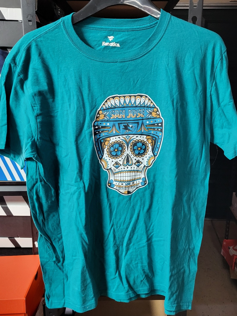 *NEW* NHL San Jose Sharks "Los Tiburones" Sugar Skull Teal Fanatics Shirt Size L